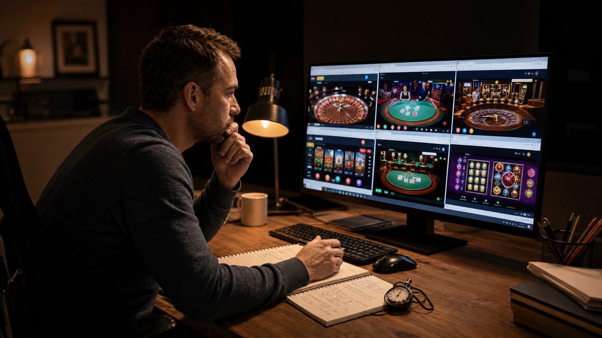 Klaus Hoffmann testet Online Casinos – Notizbuch, Stoppuhr und Casino-Tabs auf Monitor
