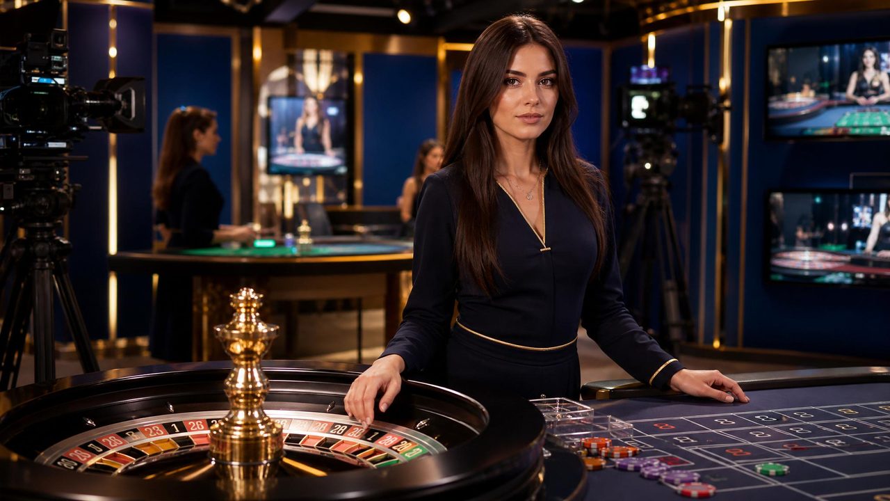 Croupier an einem Live-Roulette-Tisch im Casino-Studio