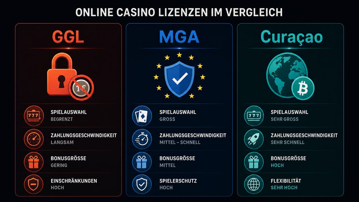 Lizenzvergleich MGA, Curaçao und GGL für deutsche Spieler