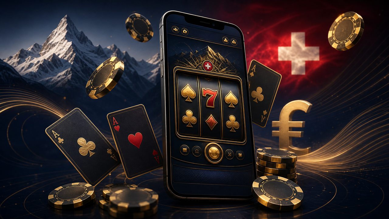 Online Casinos Schweiz - Alpenkulisse mit CHF und Casino-Elementen